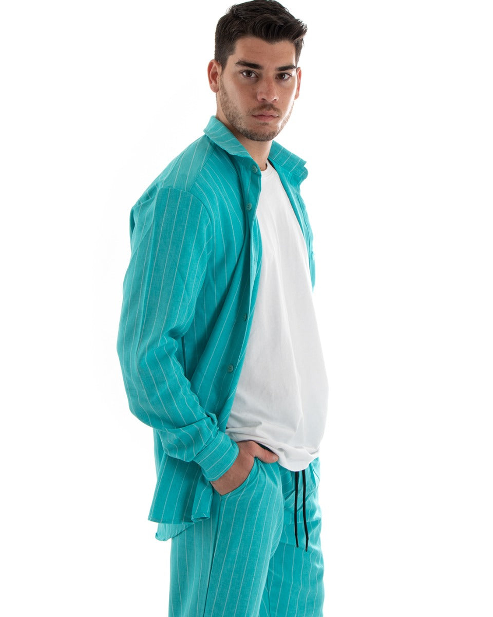 Completo Set Coordinato Uomo Viscosa Camicia Con Colletto Pantaloni Outfit Rigato Gessato Azzurro GIOSAL-OU2266A