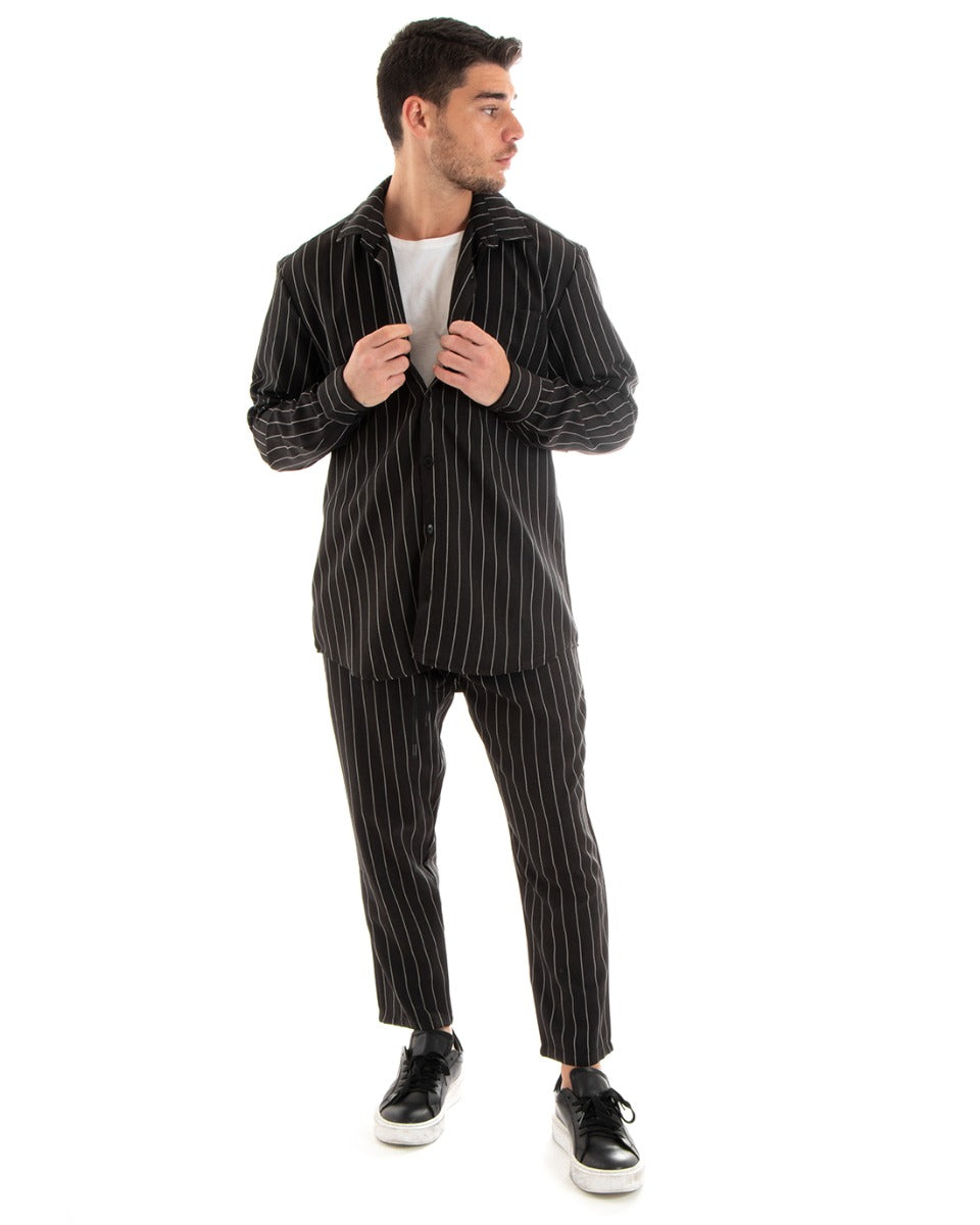 Complete Coordinated Set for Men Viscose Shirt With Collar Trousers Outfit Striped Black Pinstripe GIOSAL-OU2267A