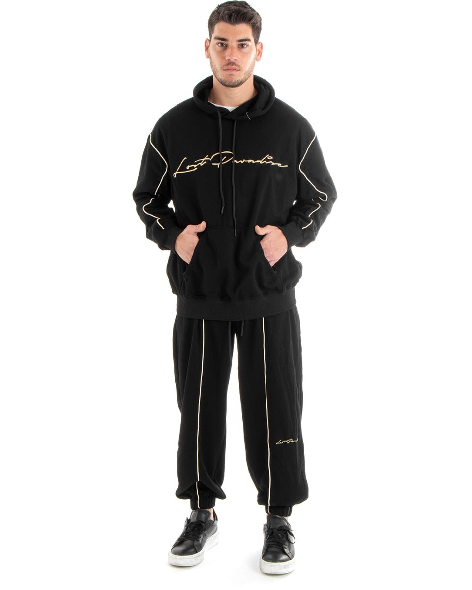 Complete Men's Tracksuit Black Cotton Oversize Relaxed Fit Hooded Sweatshirt Trousers GIOSAL-OU2269A