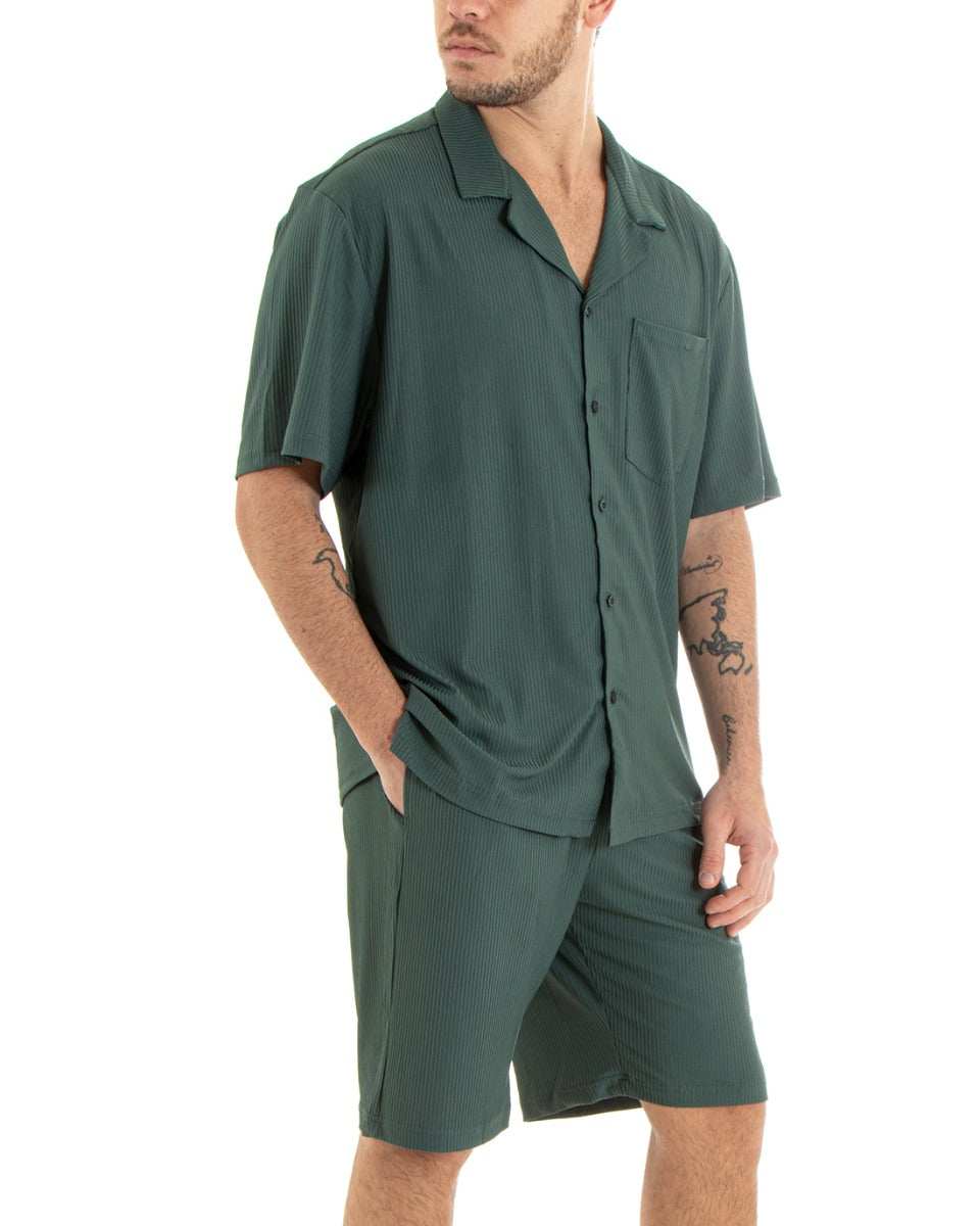 Completo Set Coordinato Uomo Viscosa Plissé Camicia Con Colletto Bermuda Outfit Verde GIOSAL-OU2282A