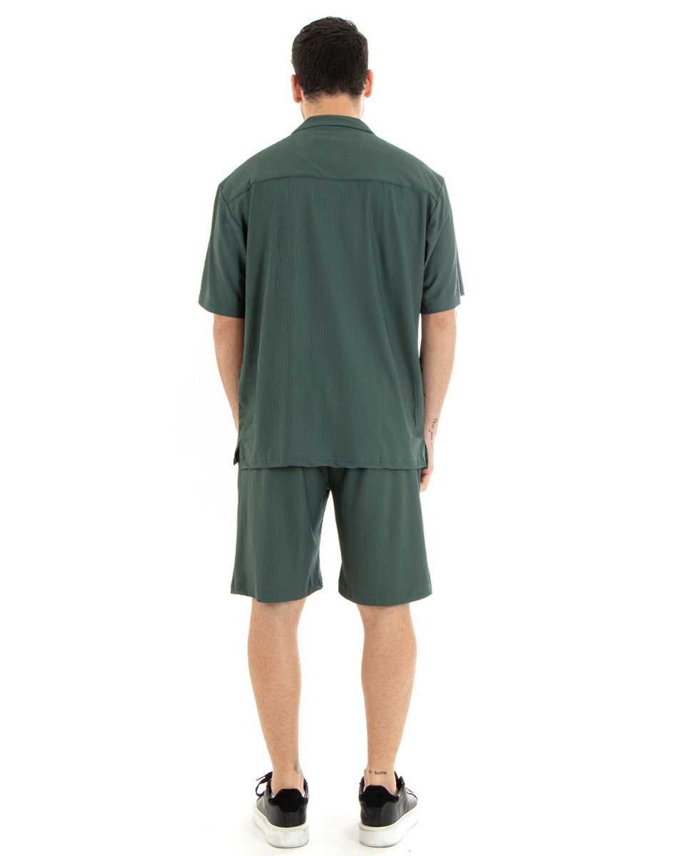 Completo Set Coordinato Uomo Viscosa Plissé Camicia Con Colletto Bermuda Outfit Verde GIOSAL-OU2282A