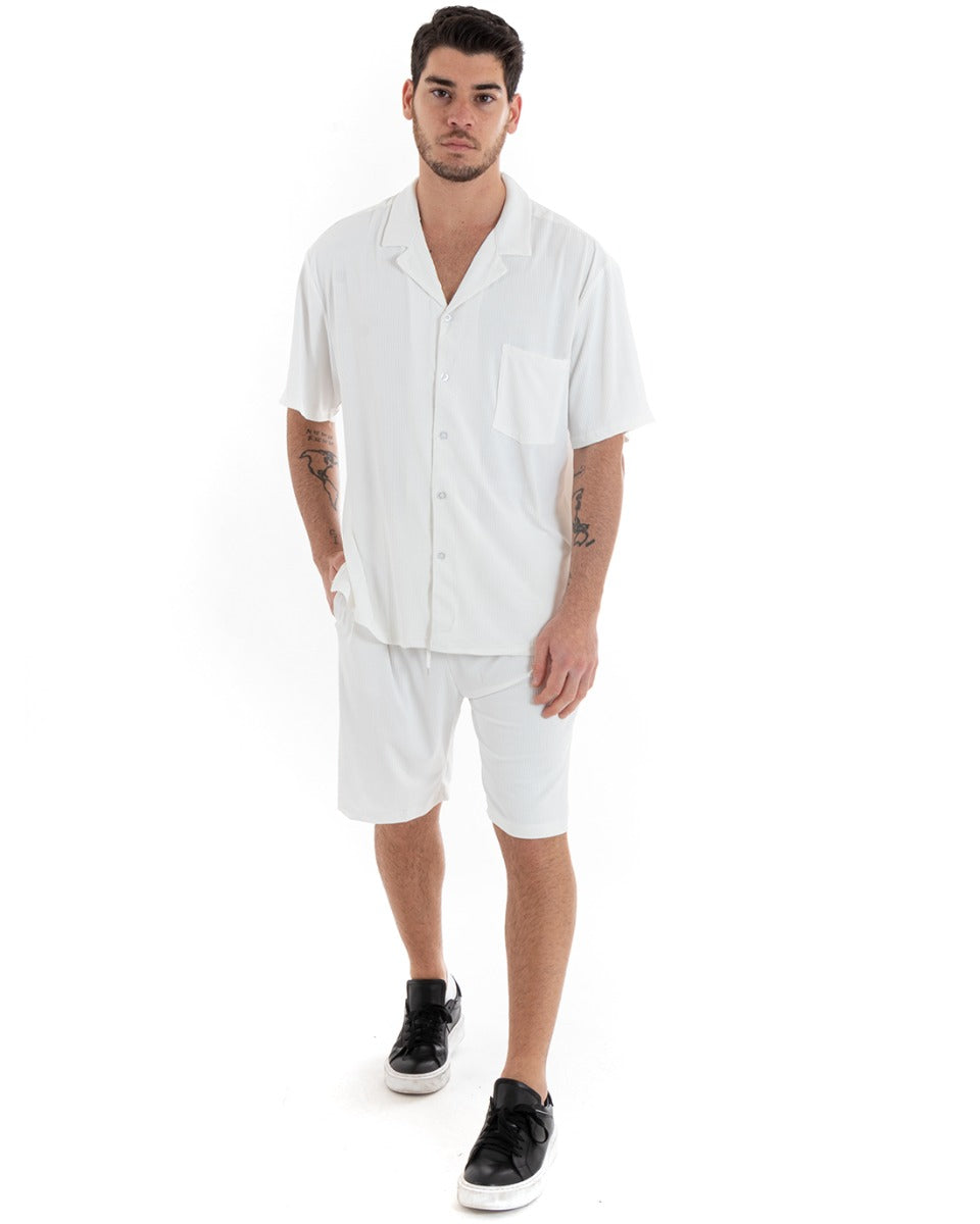 Completo Set Coordinato Uomo Viscosa Plissé Camicia Con Colletto Bermuda Outfit Bianco GIOSAL-OU2284A