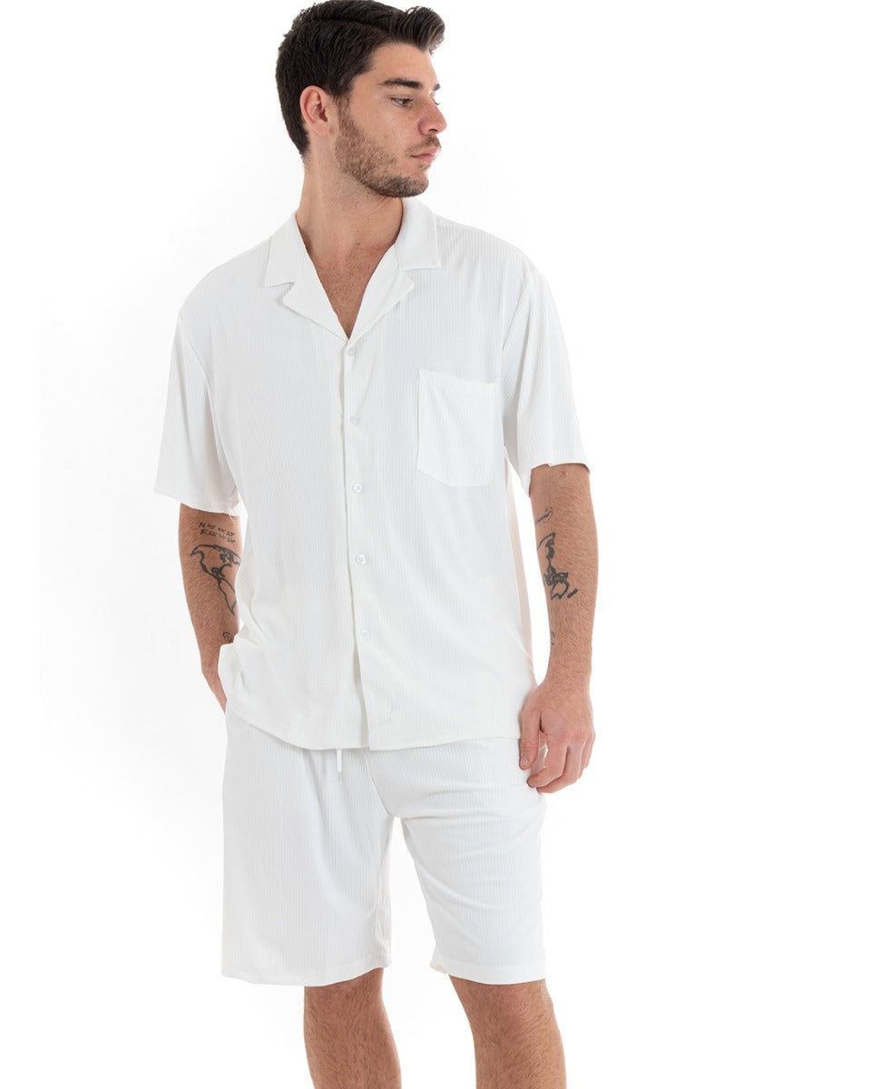 Completo Set Coordinato Uomo Viscosa Plissé Camicia Con Colletto Bermuda Outfit Bianco GIOSAL-OU2284A