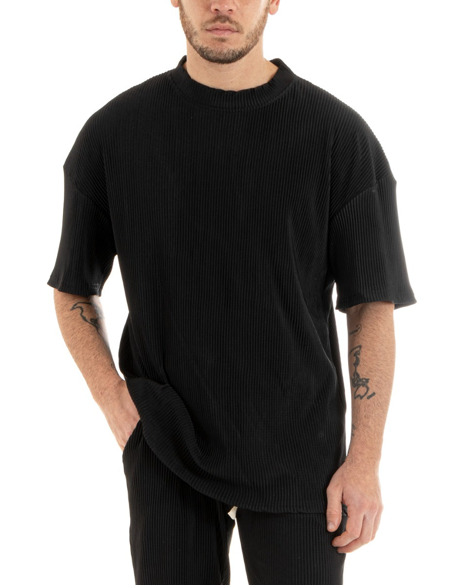 Completo Set Coordinato Uomo Viscosa Plisse T Shirt Pantaloni Outfit Nero GIOSAL OU2285A