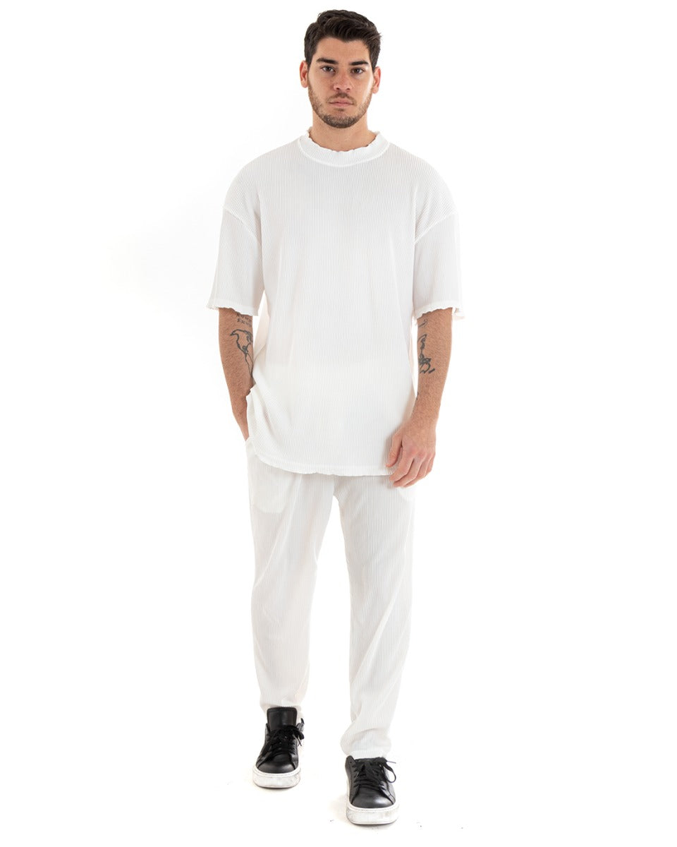 Completo Set Coordinato Uomo Viscosa Plissè T-Shirt Pantaloni Outfit Bianco GIOSAL-OU2286A
