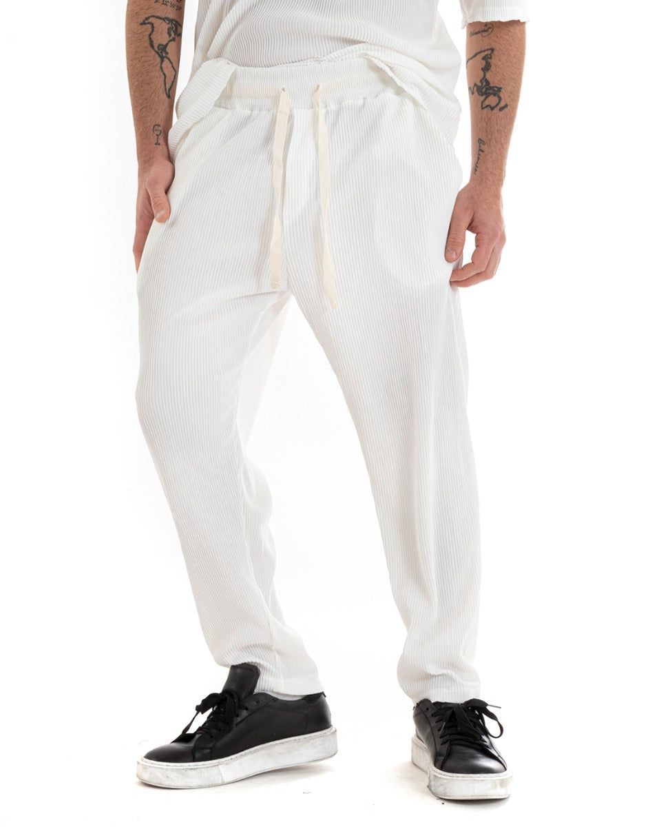 Completo Set Coordinato Uomo Viscosa Plissè T-Shirt Pantaloni Outfit Bianco GIOSAL-OU2286A