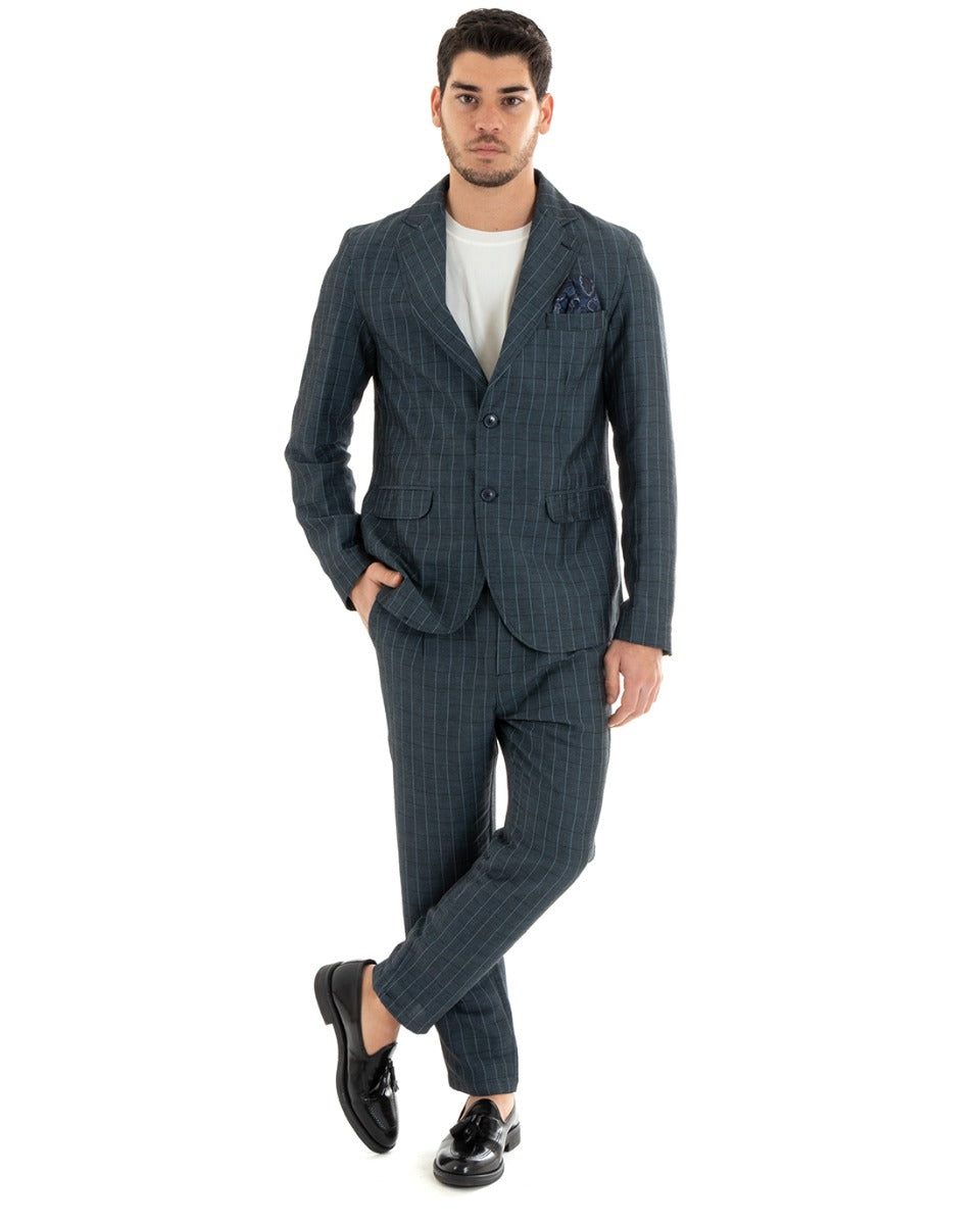 Single Breasted Men's Suit Blue Linen Check Tailored Jacket Trousers Elegant Casual GIOSAL-OU2289A