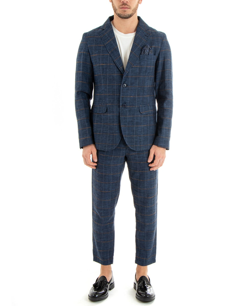 Single Breasted Men's Suit Blue Linen Check Tailored Jacket Trousers Elegant Casual GIOSAL-OU2290A