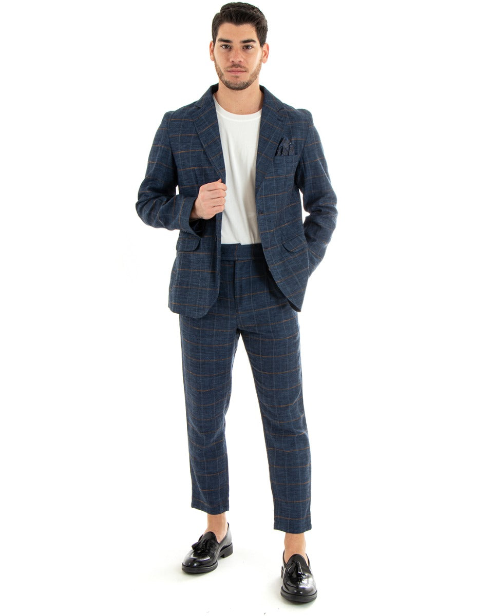 Abito Uomo Monopetto Completo Lino Blu A Quadri Sartoriale Giacca Pantaloni Elegante Casual GIOSAL-OU2290A