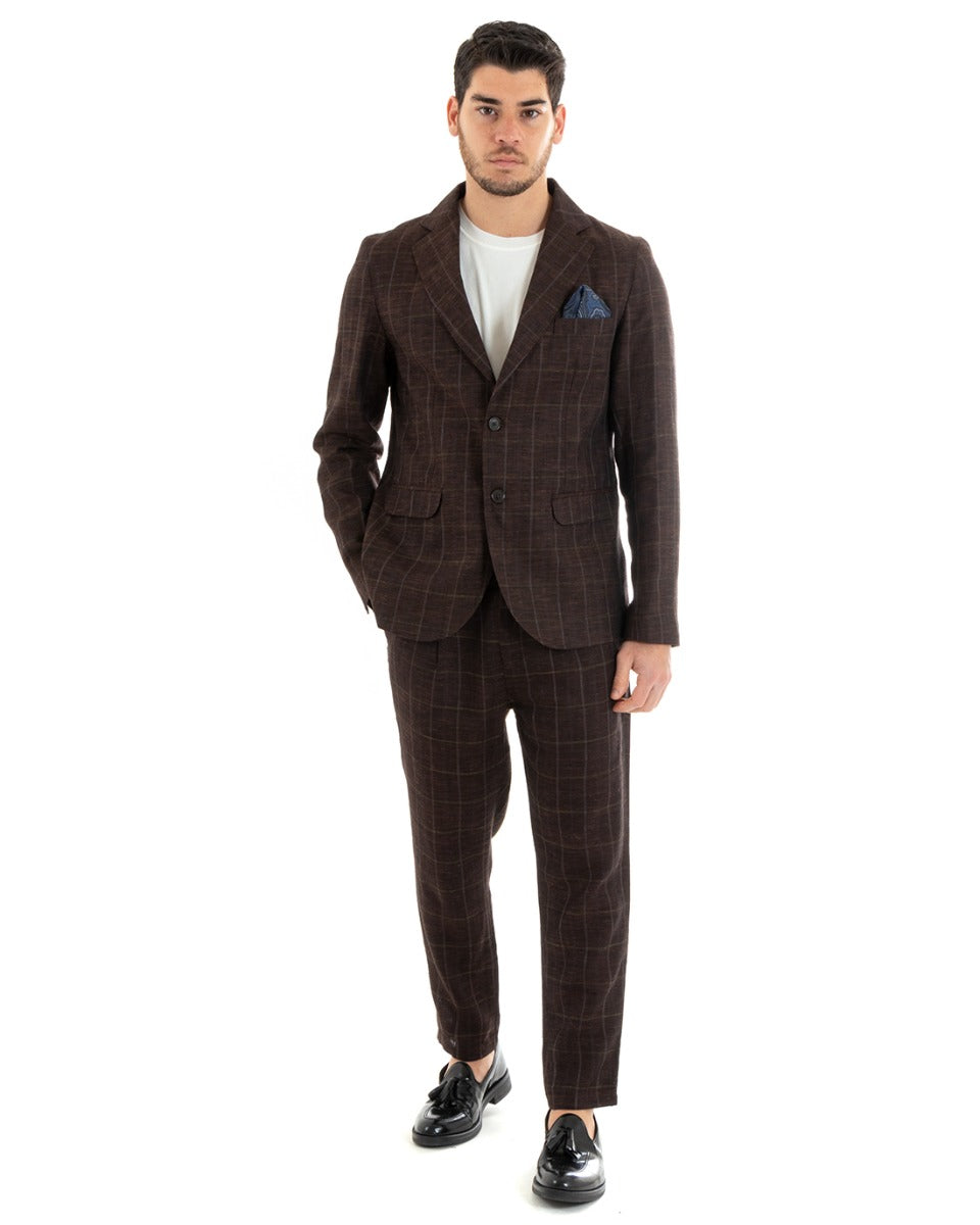 Single Breasted Men's Suit Brown Linen Check Tailored Jacket Trousers Elegant Casual GIOSAL-OU2291A