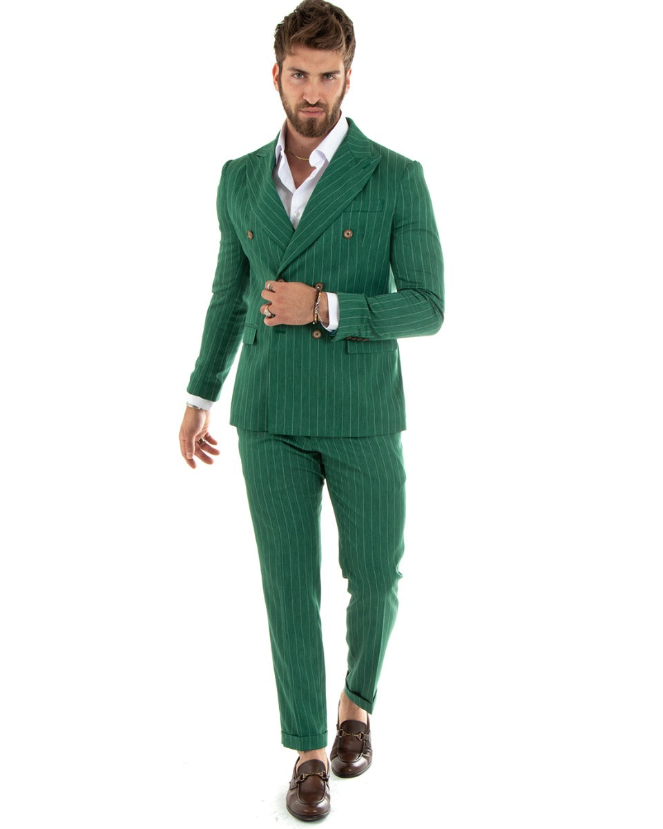 Abito Uomo Doppiopetto Vestito Viscosa Completo Giacca Pantaloni Verde Rigato Gessato Elegante Cerimonia GIOSAL-OU2293A
