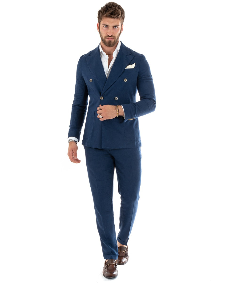 Abito Uomo Doppiopetto Vestito Lino Completo Giacca Pantaloni Blu Sportivo Elegante Cerimonia GIOSAL-OU2296A