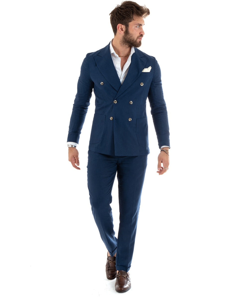Abito Uomo Doppiopetto Vestito Lino Completo Giacca Pantaloni Blu Sportivo Elegante Cerimonia GIOSAL-OU2296A
