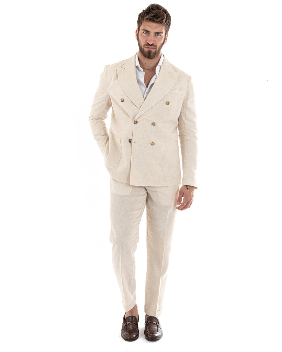 Double-Breasted Men's Suit Linen Suit Suit Jacket Trousers Beige Elegant Ceremony GIOSAL-OU2298A