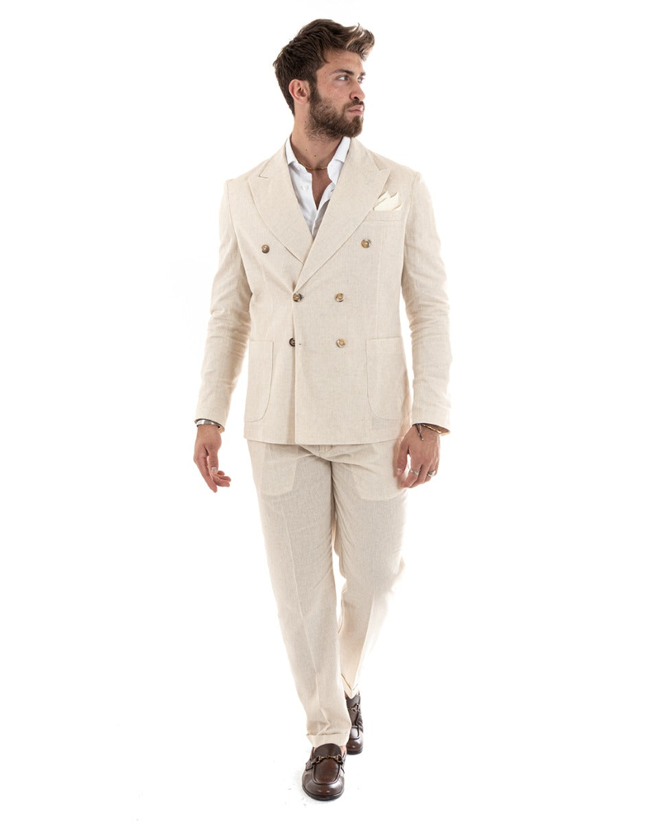 Double-Breasted Men's Suit Linen Suit Suit Jacket Trousers Beige Elegant Ceremony GIOSAL-OU2298A