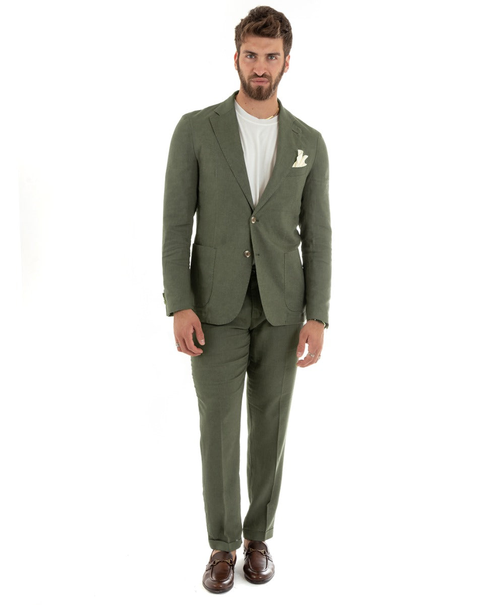 Abito Uomo Monopetto Vestito Lino Completo Giacca Pantaloni Verde Sportivo Elegante Cerimonia GIOSAL-OU2299A
