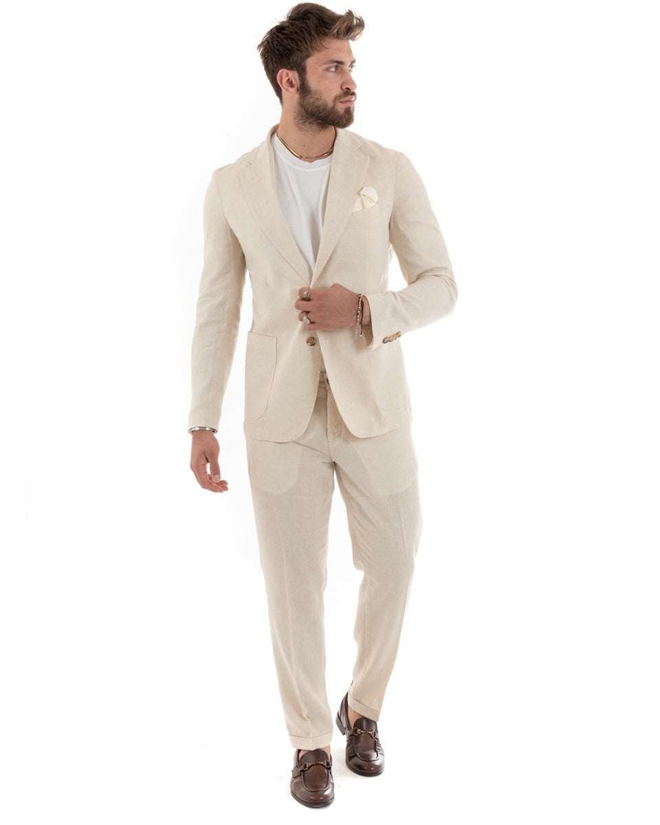 Single Breasted Men's Suit Linen Suit Beige Jacket Trousers Elegant Sporty Ceremony GIOSAL-OU2301A