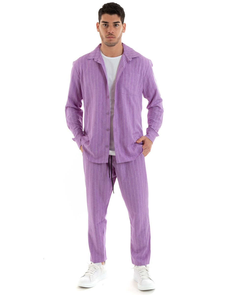 Complete Coordinated Set for Men Viscose Shirt With Collar Trousers Outfit Striped Lilac Pinstripe GIOSAL-OU2306A