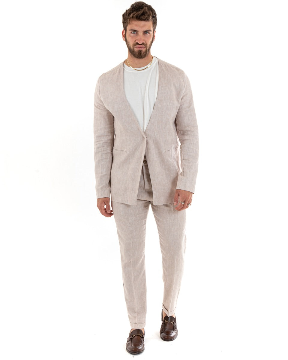 Abito Uomo Monopetto Vestito Lino Completo Giacca Pantaloni Beige Sportivo GIOSAL-OU2308A