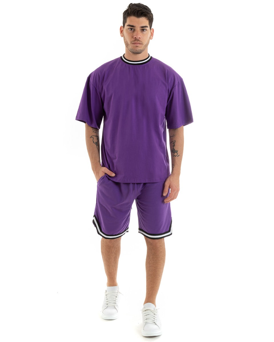 Completo Set Coordinato Uomo Cotone Viscosa T-Shirt Bermuda Outfit Viola GIOSAL-OU2309A
