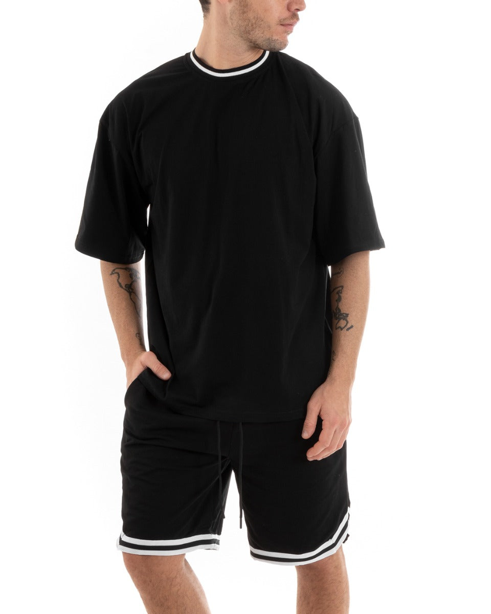 Complete Coordinated Set for Men Cotton Viscose T-Shirt Bermuda Outfit Black GIOSAL-OU2312A