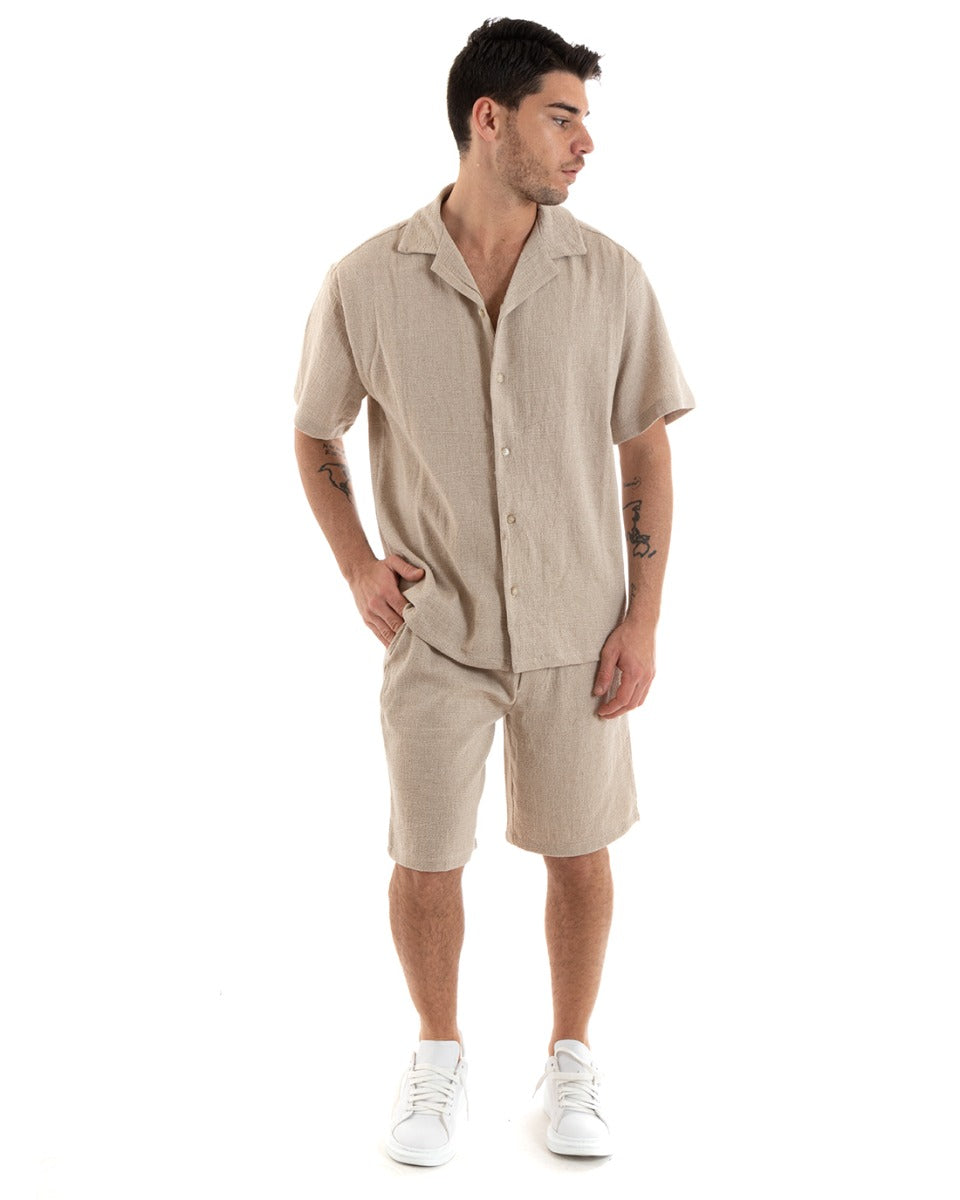 Completo Set Coordinato Uomo Cotone Bermuda Elastico Camicia Manica Corta Tinta Unita Beige GIOSAL-OU2319A