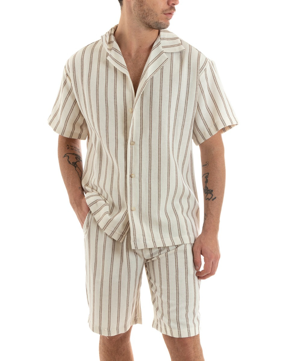 Completo Set Coordinato Uomo Cotone Camicia Con Colletto Bermuda Outfit Beige GIOSAL-OU2320A