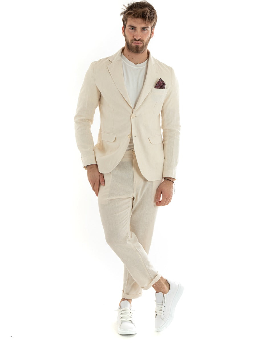 Single-Breasted Men's Suit Tailored Linen Suit Jacket Trousers Solid Color Beige GIOSAL-OU2322A