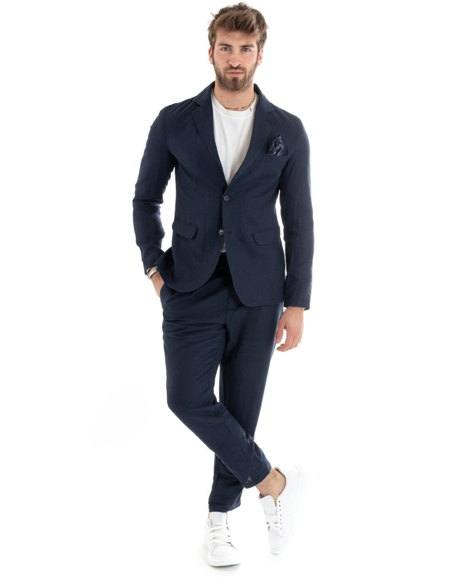 Suit Abito Lino Uomo Blu Abito Uomo Monopetto Completo Lino