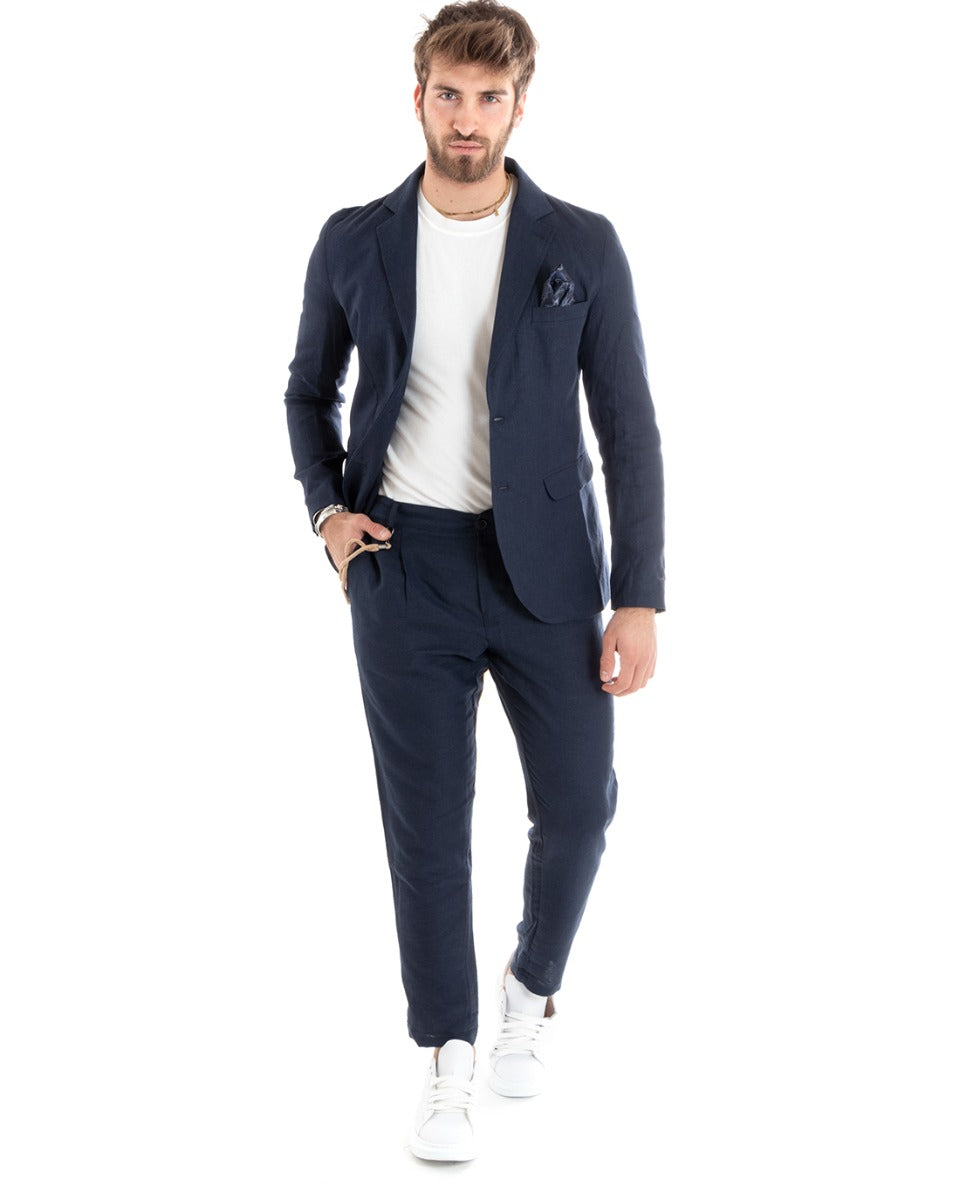 Single-breasted men's suit, tailored linen suit, jacket, trousers, plain blue GIOSAL-OU2324A