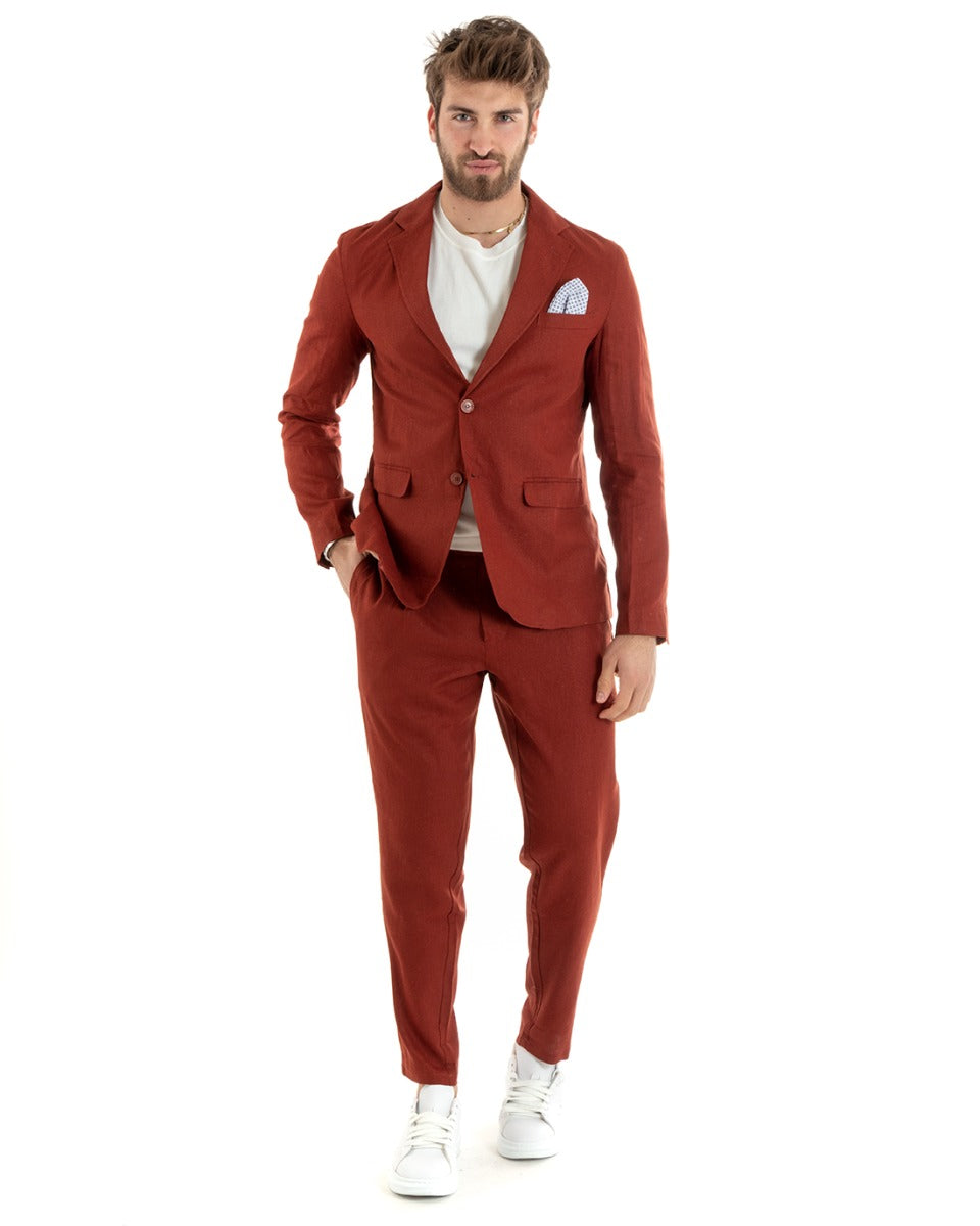 Single-breasted men's suit, tailored linen suit, jacket, trousers, solid color, brick GIOSAL-OU2328A