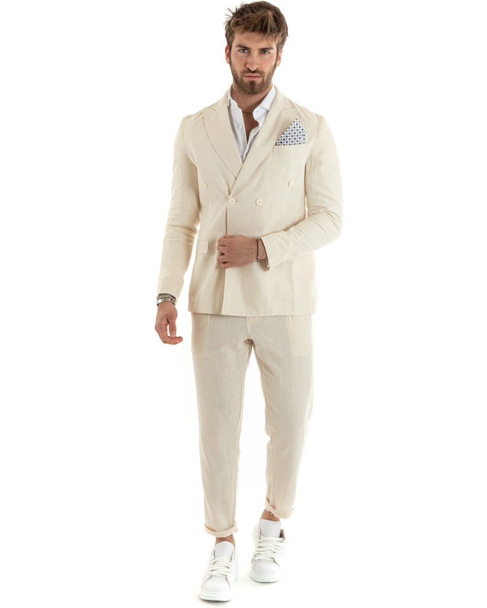 Double-Breasted Men's Suit Tailored Linen Suit Jacket Trousers Solid Color Beige GIOSAL-OU2329A