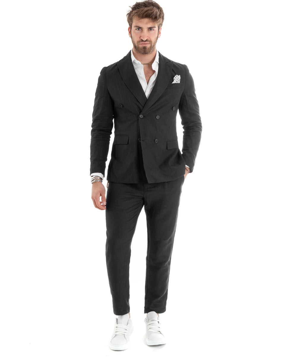 Double-breasted men's suit, tailored linen suit, jacket and trousers, plain black GIOSAL-OU2332A