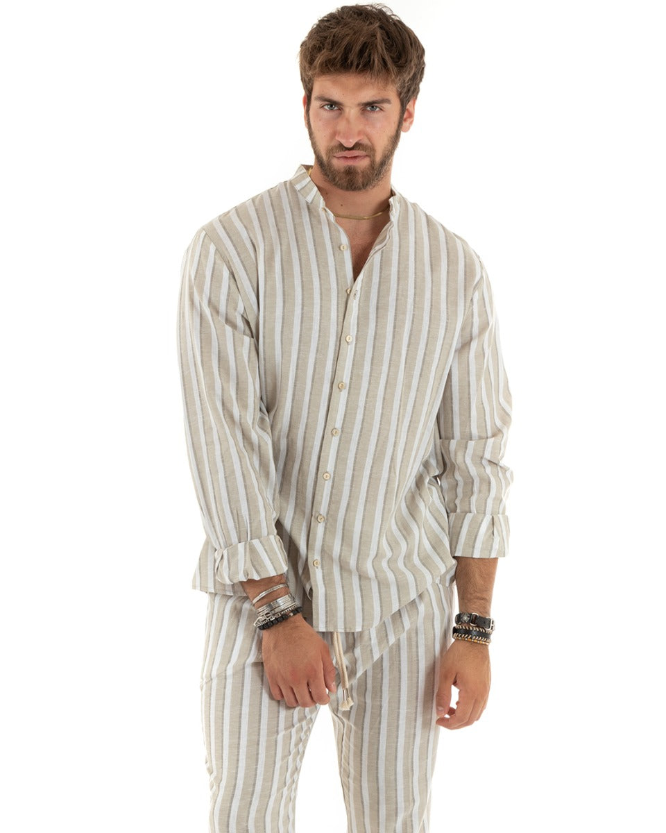 Complete Coordinated Set for Men Striped Linen Elastic Trousers Shirt Long Sleeve Mandarin Collar Beige GIOSAL-OU2340A