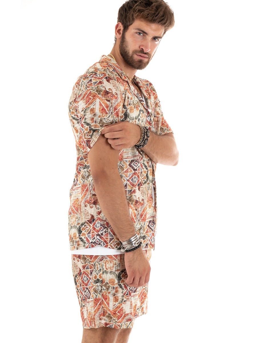 Completo Set Coordinato Uomo Lino Camicia Con Colletto Bermuda Outfit GIOSAL-OU2342A