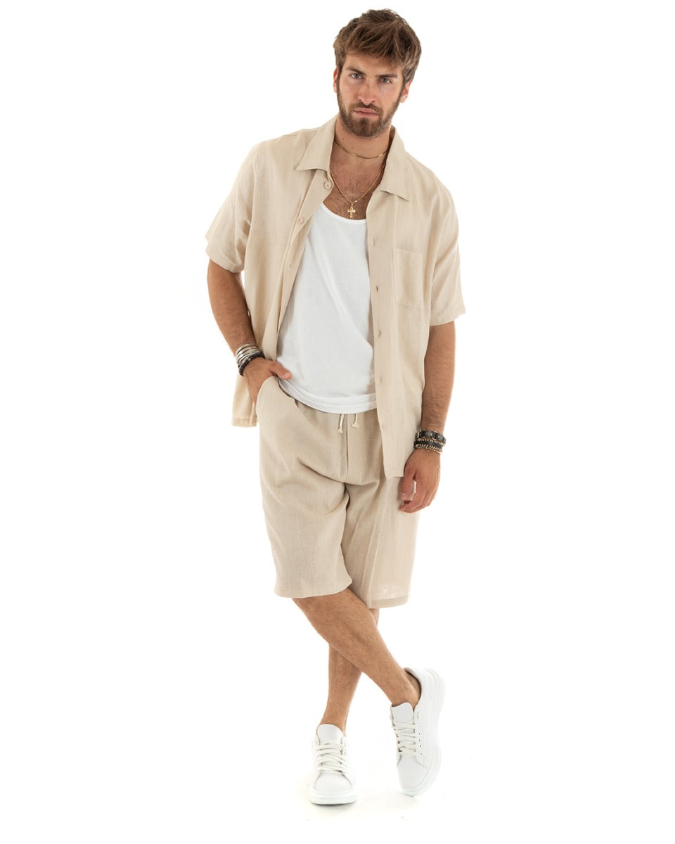 Completo Set Coordinato Uomo Lino Camicia Con Colletto Bermuda Outfit Beige GIOSAL-OU2346A