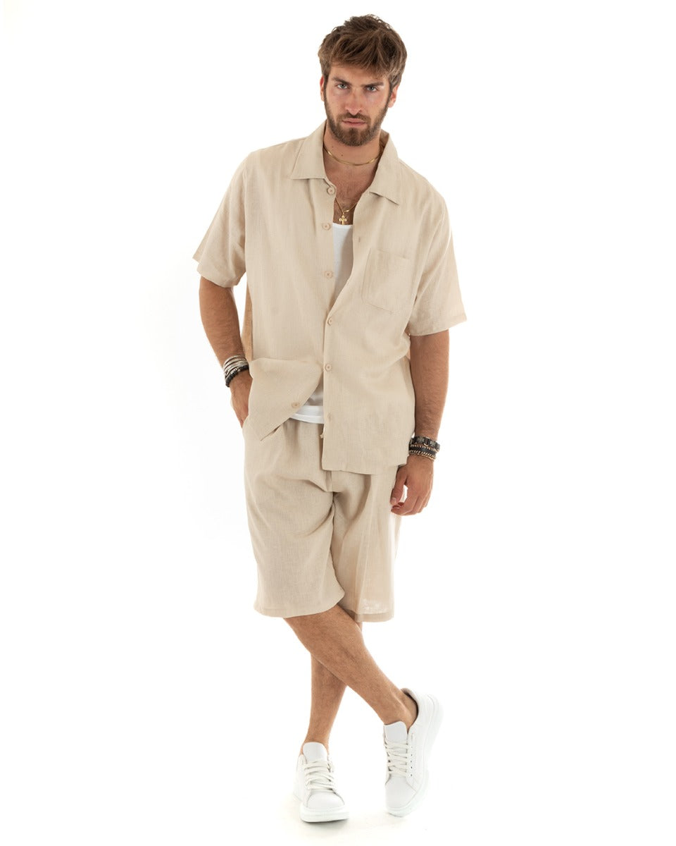 Completo Set Coordinato Uomo Lino Camicia Con Colletto Bermuda Outfit Beige GIOSAL-OU2346A