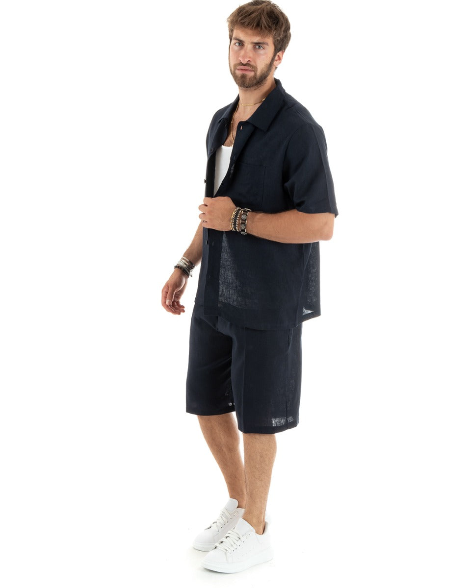 Completo Set Coordinato Uomo Lino Camicia Con Colletto Bermuda Outfit Blu GIOSAL-OU2347A