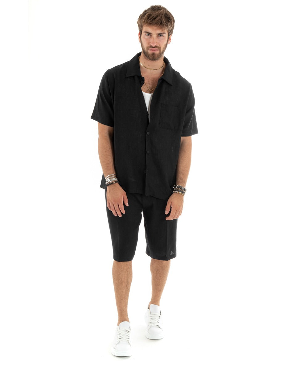 Complete Coordinated Set for Men Linen Shirt with Collar Bermuda Outfit Black GIOSAL-OU2348A