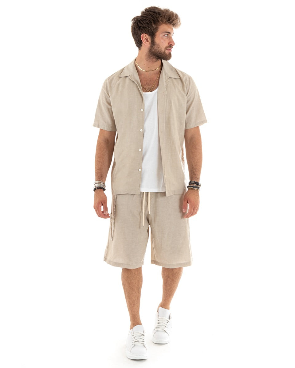 Completo Set Coordinato Uomo Viscosa Camicia Con Colletto Bermuda Outfit Beige GIOSAL-OU2353A