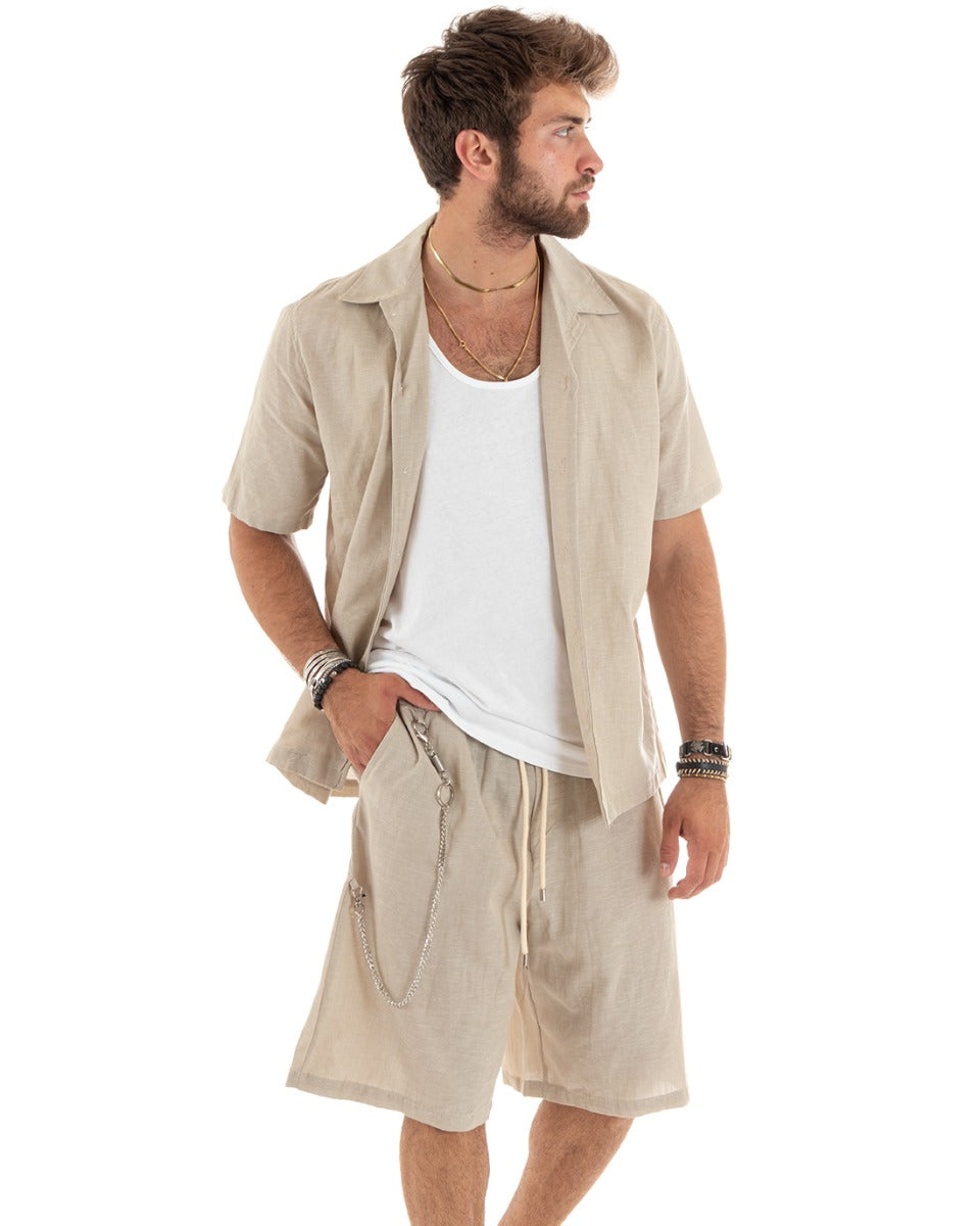 Completo Set Coordinato Uomo Viscosa Camicia Con Colletto Bermuda Outfit Beige GIOSAL-OU2353A