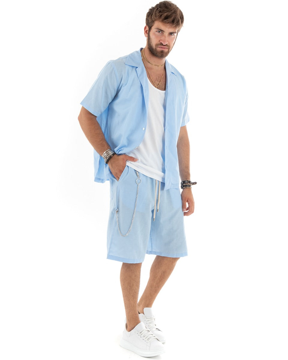 Completo Set Coordinato Uomo Viscosa Camicia Con Colletto Bermuda Outfit Celeste GIOSAL-OU2354A