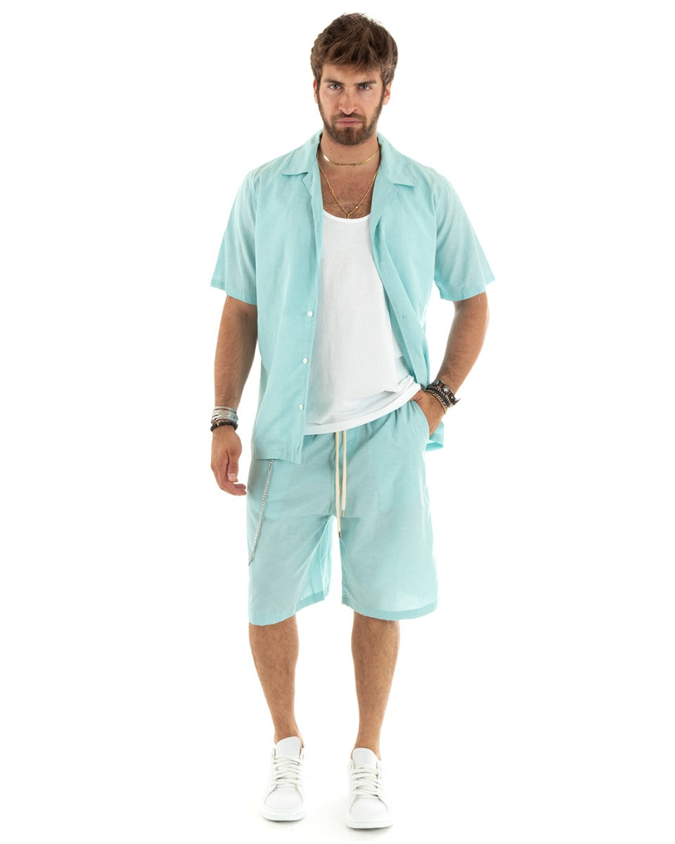 Completo Set Coordinato Uomo Viscosa Camicia Con Colletto Bermuda Outfit Verde Acqua GIOSAL-OU2355A