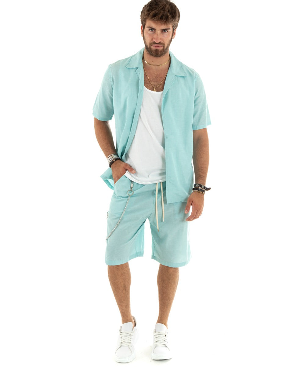 Completo Set Coordinato Uomo Viscosa Camicia Con Colletto Bermuda Outfit Verde Acqua GIOSAL-OU2355A
