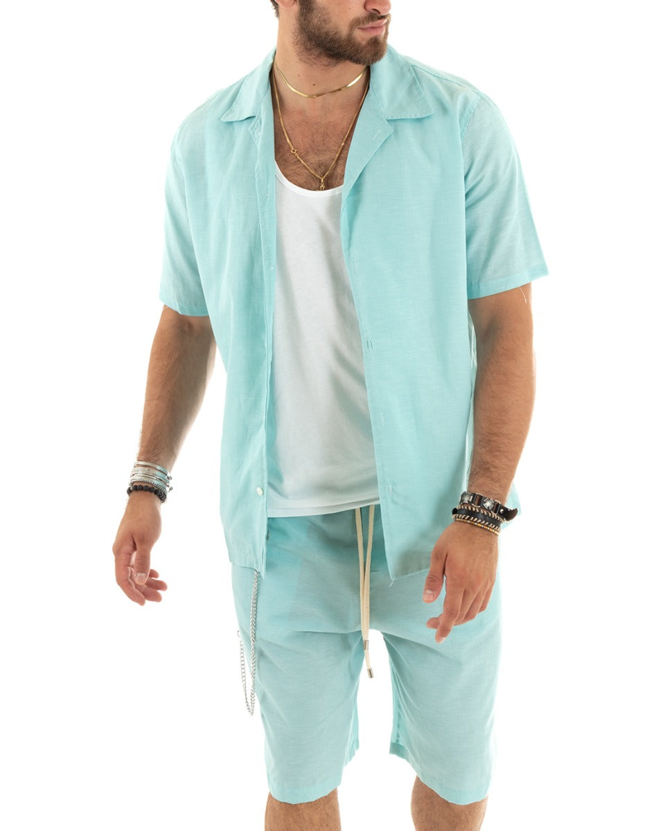 Complete Coordinated Set for Men Viscose Shirt with Bermuda Collar Outfit Water Green GIOSAL-OU2355A
