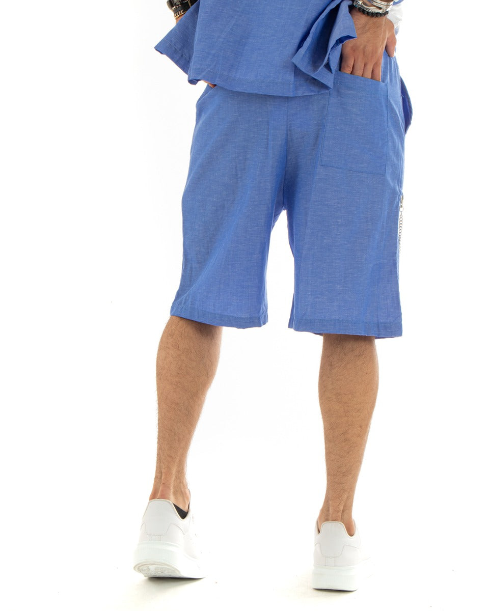 Completo Set Coordinato Uomo Viscosa Camicia Con Colletto Bermuda Outfit Blu Royal GIOSAL-OU2357A