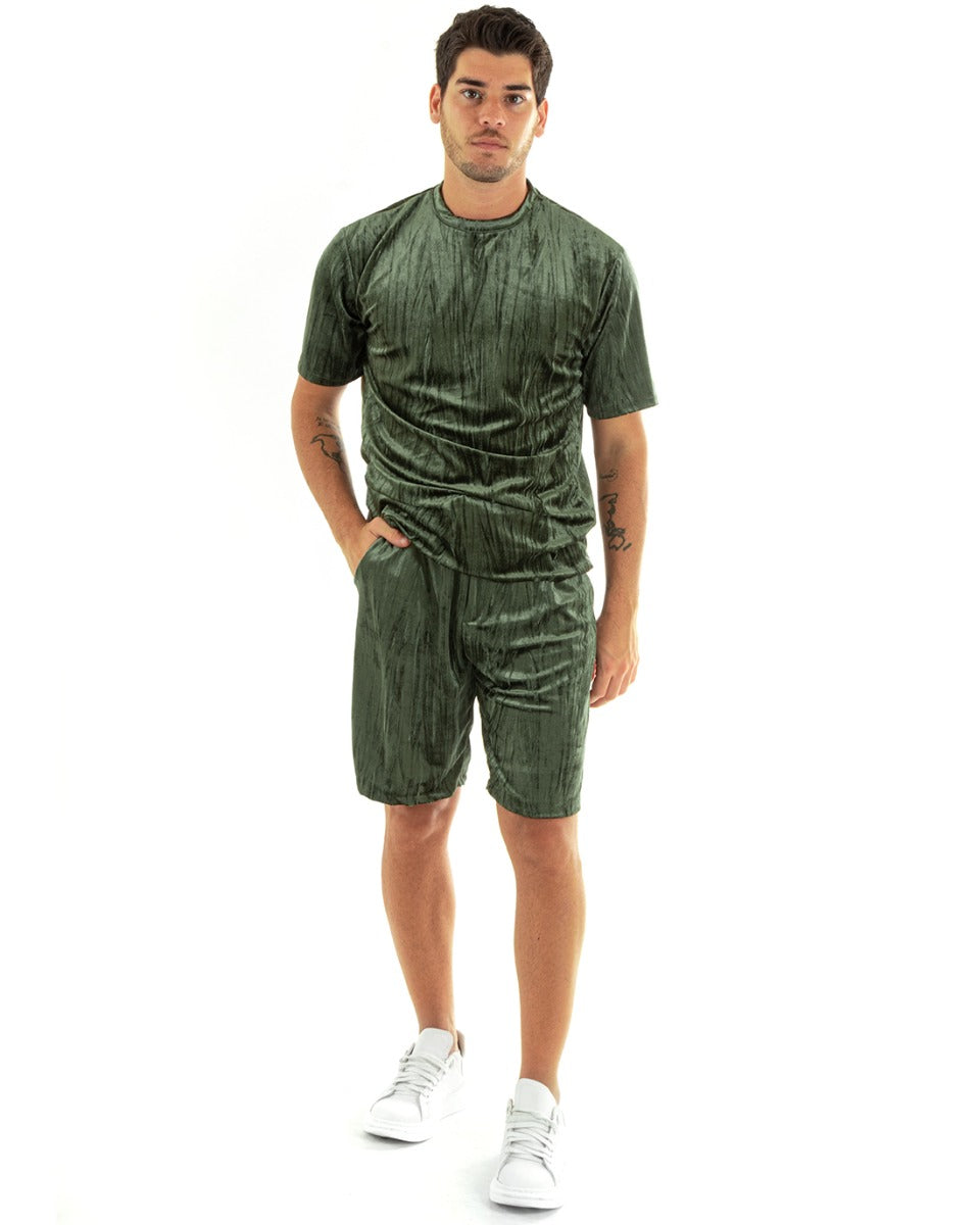Completo Set Coordinato Uomo Ciniglia T-Shirt Bermuda Outfit Verde GIOSAL-OU2361A