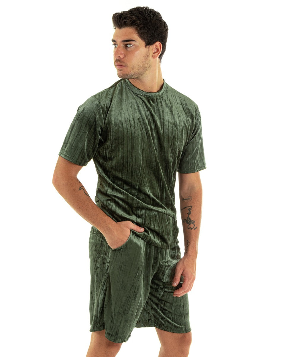 Complete Coordinated Set for Men Chenille T-Shirt Bermuda Outfit Green GIOSAL-OU2361A