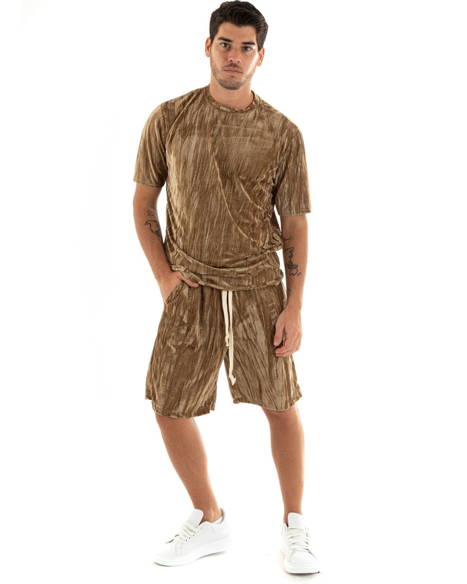 Complete Coordinated Set for Men Chenille T-Shirt Bermuda Outfit Camel GIOSAL-OU2362A