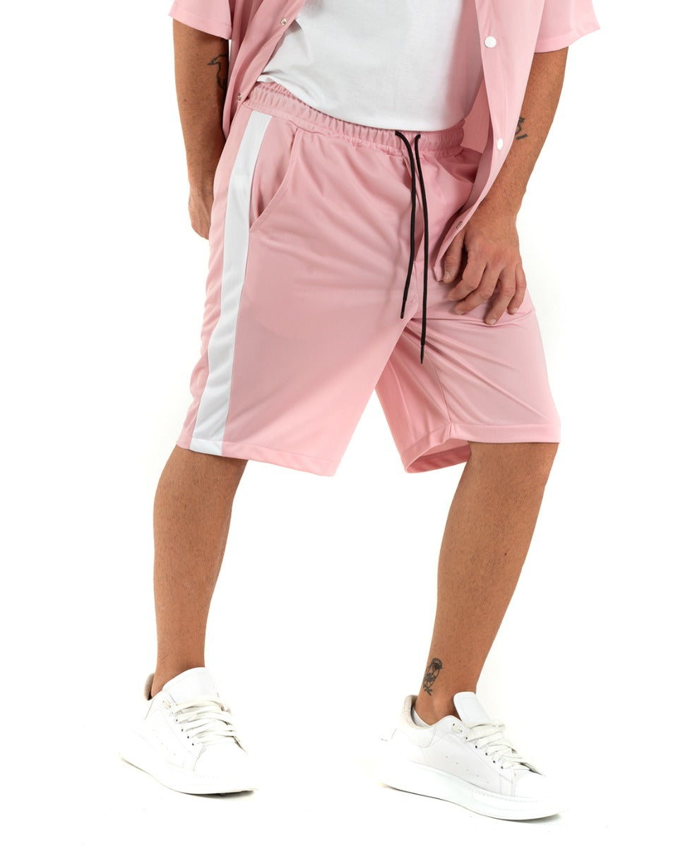 Completo Set Coordinato Uomo Viscosa Camicia Con Colletto Bermuda Outfit Rosa GIOSAL-OU2363A